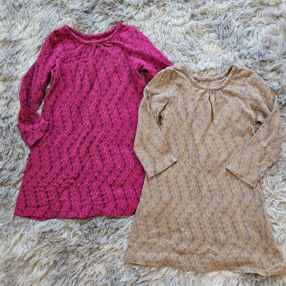 Pink Chicken‎ Girls 4T Long Sleeve Dress Lot 2 Magenta Tan Geometric Leaf Print